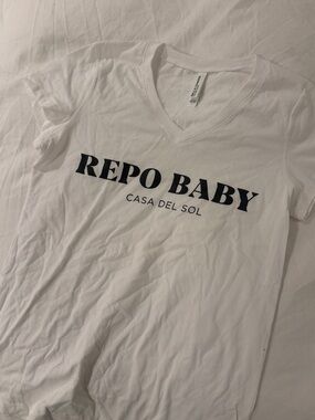 Bella Canvas White V-Neck Tee with Black 'REPO BABY' Print